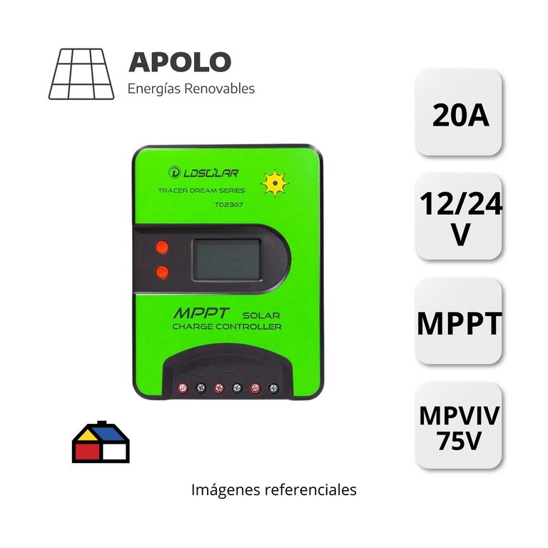 CONTROLADOR LDSOLAR APOLO MPPT 2 C/USB 12V/24V 20AH 75V