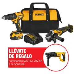 DEWALT - Kit Taladro Percutor 1/2" + Esmeril Angular 4 1/2" + Batería 5Ah DCK248P1 + Regalo: Rotomartillo SDS Plus 20V XR 2.6J Baretool DCH133B