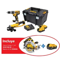 DEWALT - Kit Taladro Percutor 1/2”+Esmeril Angular 4 1/2" 20V+Regalo: Sierra Circular 7 1/4" 20V+Bateria 4AH