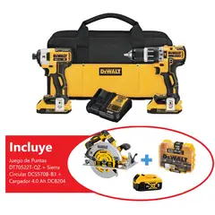 DEWALT - Taladro Percutor+Atornillador de impacto+Set de Puntas 16 Piezas +REGALO Sierra Circular+Bateria 4AH