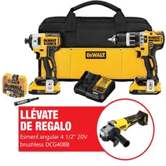 DEWALT - Kit taladro percutor 1/2" + atornillador de impacto 1/4" 20V XR DCK287D2  + set de puntas FlexTorq para Atornilladores 16 Piezas+ Regalo :  esmeril angular 4 1/2" 20V brushless baretool DCG408B  DT70522T-QZ