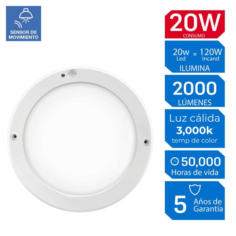Downlight Luz Cálida 20W con Sensor de Movimiento Blanco