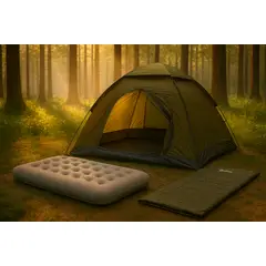 KLIMBER - Carpa Para 4 Personas Modelo Dome Color Verde + Colchón Inflable 2 Plazas + Bolsa de Dormir Basic Verde