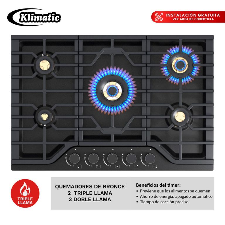 Cocina Empotrable Gas 5 Hornillas Negro
