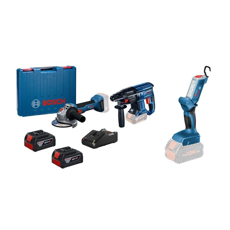 Amoladora GWS 18V y Rotomartillo GBH 180 + Linterna Inalámbrica GLI 18V (Sin batería)