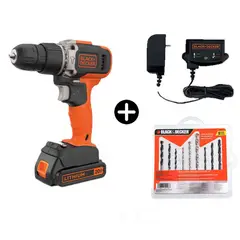 BLACK+DECKER - Taladro Percutor 3/8" 20V Max 01 Bat 1.5Ah + Set de Brocas + Cargador B+D