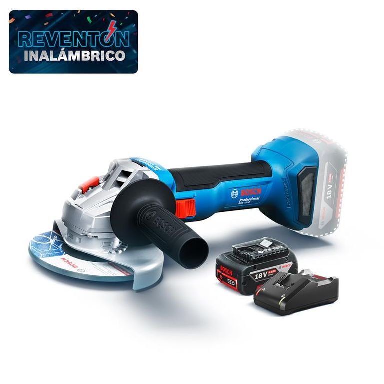 Amoladora Angular 18V Baretool + Cargador GAL 18V-40 de 18V + Batería de Iones de Litio 18V GBA 18V 4.0Ah.