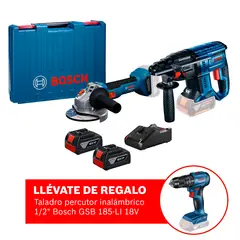 BOSCH - Amoladora GWS 18V-8 + Rotomartillo inalámbrico GBH 180LI + Taladro percutor 1/2" GSB 185LI