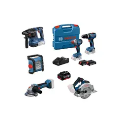 Bosch - Taladro Percutor Profesional + Batería de iones de litio 18V + Amoladora Angular Inalambrica 5" 18V Sin Batería + Rotomartillo GBH 185-LI + Sierra Circular GKS 18V + Linterna GLI 18V-1500 Sin Batería
