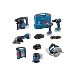 Bosch - Taladro Percutor Profesional + Batería de iones de litio 18V + Amoladora Angular Inalambrica 5" 18V Sin Batería + Rotomartillo GBH 185-LI + Sierra Circular GKS 18V + Linterna GLI 18V-1500 Sin Batería + Lijadora orbital inalámbrica