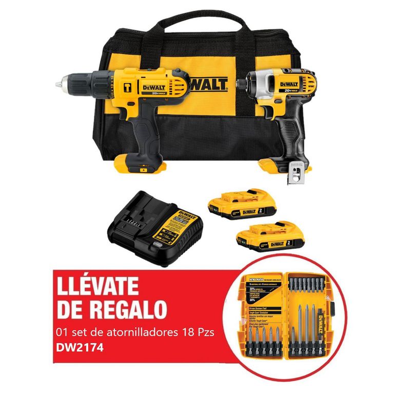 Taladro Percutor 1/2" + Atornillador de Impacto 1/4" 20V + Set de brocas 18 piezas