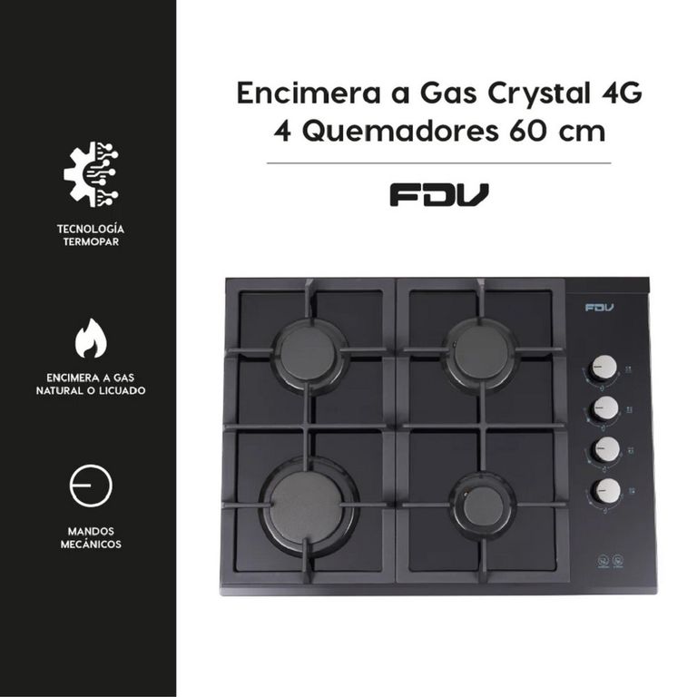 Encimera Crystal de 4 Quemadores a Gas Natural
