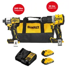 DEWALT - Taladro Percutor 20V + Atornillador de Impacto Inalámbrico 20V + 2 Baterías + Cargador DCK250