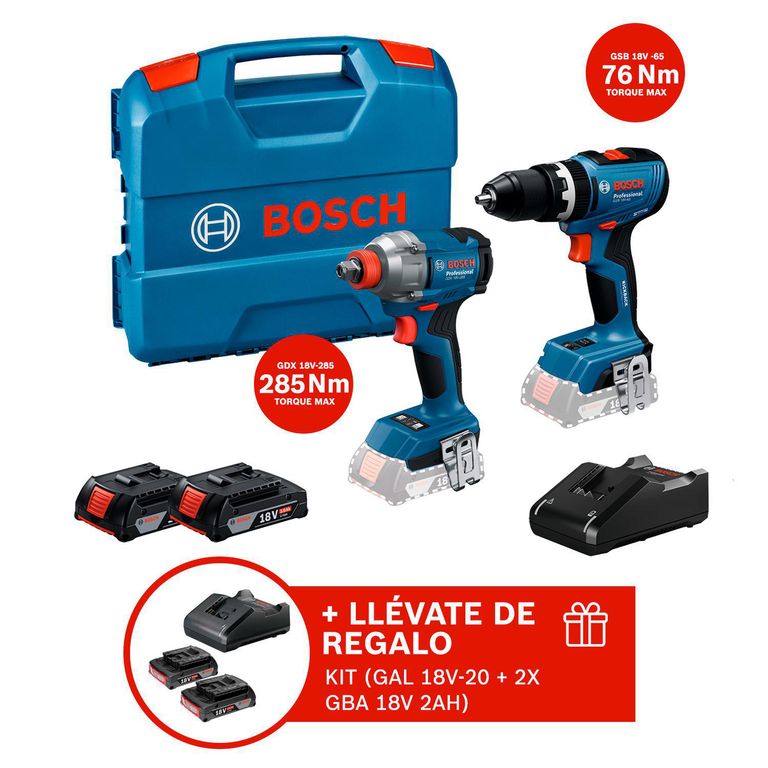 COMBO Inalámbrico Taladro GSB18V-65 + Llave de impacto GDX18V-285 REGALO: 2Bat 18V 2AH + 1Carg