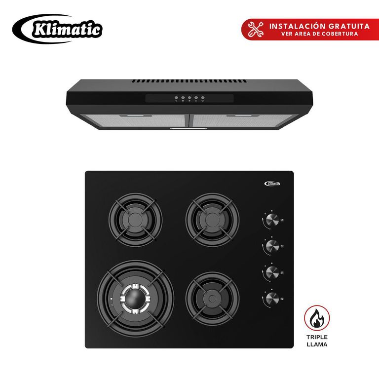 Combo Encimera a Gas Kristal Black + Campana Vento K 60cm