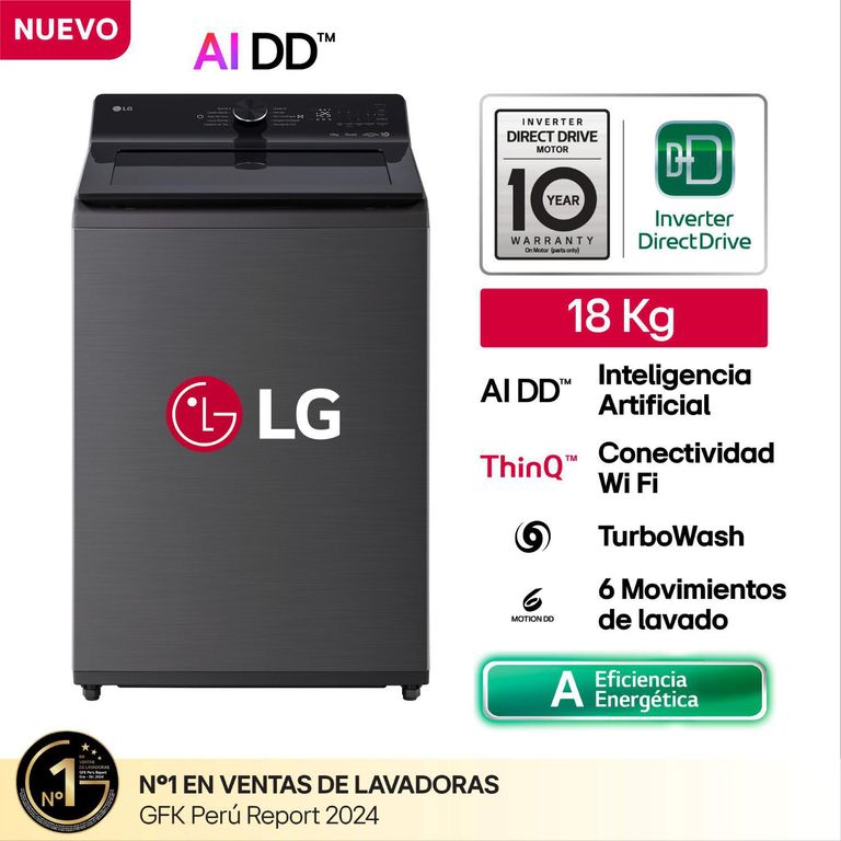Lavadora 18kg con IA Carga Superior Negro Plateado WT18PBTX