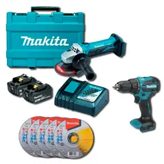 MAKITA - Taladro + Amoladoras + 5 Discos + 2 Baterias + Cargardor