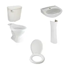TREBOL - Lavamanos Sobre Pedestal Mancora Blanco + Pedestal para Lavamanos Universal Blanco + Tanque Inodoro Rapid Jet Blanco + Taza Universal Blanca + Asiento Tapa Inodoro Rapid Jet Redondo Blanco