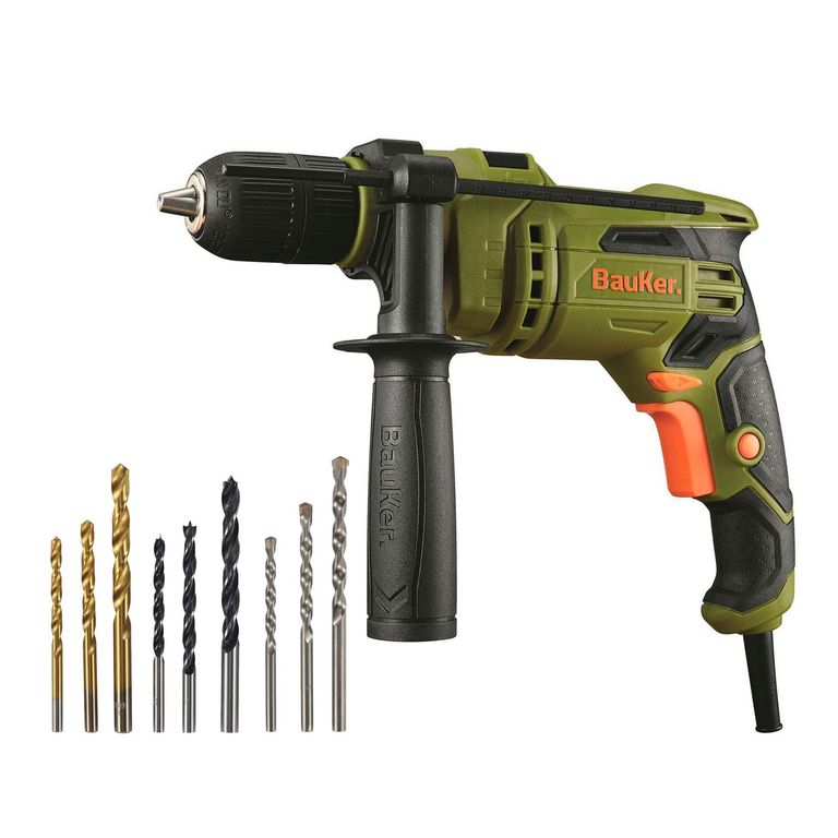 Taladro Percutor Eléctrico Bauker13mm 650W +9 brocas