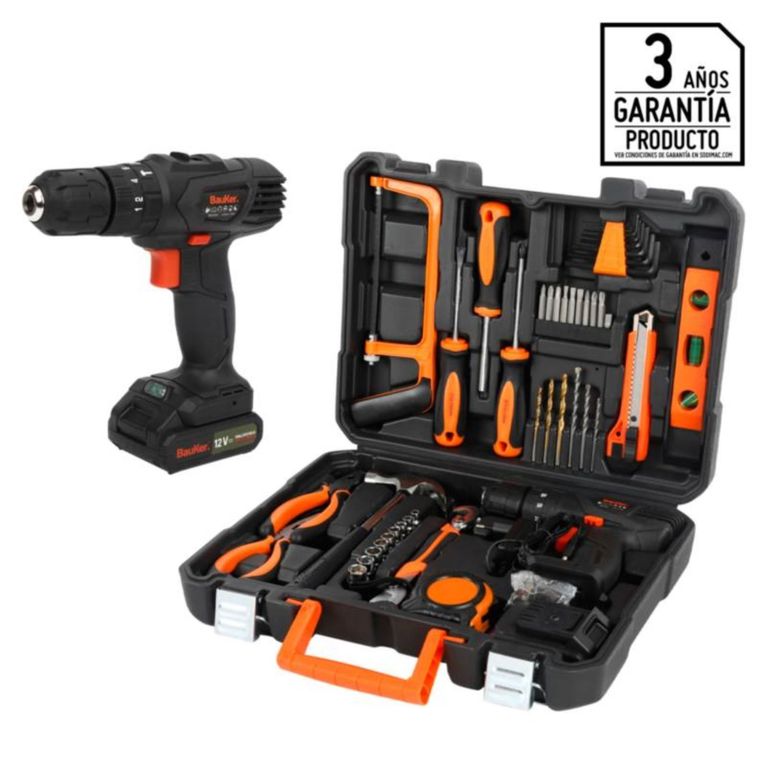 Taladro Inalámbrico 10mm 12V + Set de Herramientas Manuales 44 Piezas