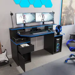 JUST HOME COLLECTION - Escritorio Gamer Negro/Azul Melamina con Cajonera