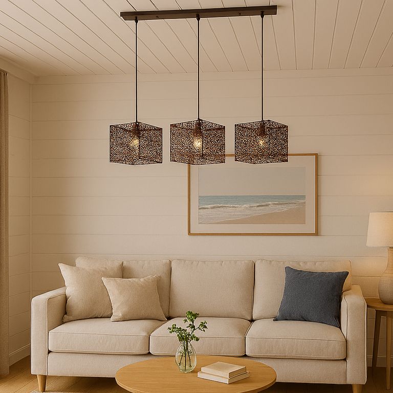 Lámpara Colgante de Techo 3 Luces Cubos Ratán Café