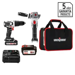 UBERMANN - Taladro Inalámbrico 13mm 20v + Esmeril Inalámbrico 4-1/2" 20v + Cargador + Batería + Maletín