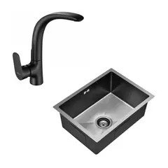 SENSI DACQUA - Lavadero de Cocina Acero Inoxidable 1 Poza Negro 45x58cm + Monomando Cocina Negro Vittorio