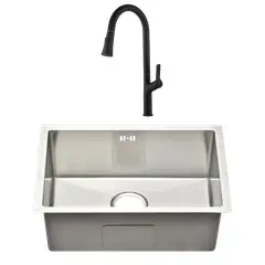 SENSI DACQUA - Lavadero de Cocina Acero Inoxidable 1 Poza 45x58cm + Monomando de Cocina Vera Extensible Negro