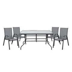 JUST HOME COLLECTION - Mesa Rectángular con Vidrio 140x90cm Negro + Silla Sling de Aluminio/Textil Negro