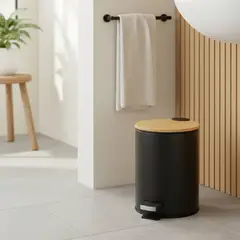 JUST HOME COLLECTION - Papelera de Plástico con Pedal y Tapa Bambú Negra 5L
