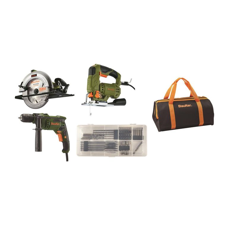 Combo carpintero Bauker: Taladro Percutor + Sierra Caladora + Sierra Circular + Bolso + Set Accesorios