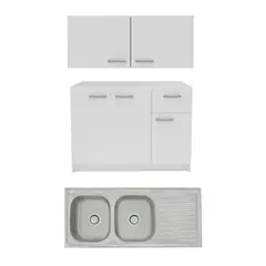 undefined - Mueble Mural Cocina 2 Puertas 120cm Blanco + Mueble Base 2 Puertas 2 Cajones 120cm Blanco + Lavadero de Cocina Record 2 Pozas Escurridero Viena 120x50cm.