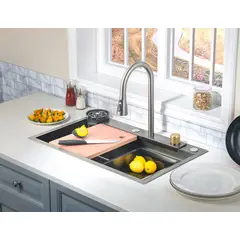 SENSI DACQUA - Lavadero de Cocina Multifuncional 2 Pozas Negro Acero inoxidable 75x46x22 cm