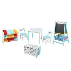 JUST HOME COLLECTION - Set Mesa Cohetes + 02 Sillas + Pizarra Infantil Cohetes + Juguetero Infantil Cohetes 9 Cajas + Baúl Infantil Cohetes