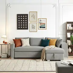 JUST HOME COLLECTION - Sofá Cama Seccional 3 Cuerpos con Almacenamiento + Cojines Decorativos + 2 Puffs Felipe Gris