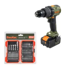 BAUKER - Taladro Percutor 1 Batería 20V + Set 37 Puntas y Llaves de Tuerca