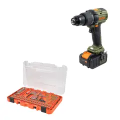 BAUKER - Taladro Percutor 2 Baterías BMC 20V + Kit 109 Piezas Broca y Punta Metal