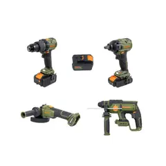 BAUKER - Taladro Percutor 2 Baterías BMC 20V + Llave de Impacto 1 2 20V Bare + Esmeril 5 125mm 20V Bare + Batería 4AH 20V + Rotomartillo SDS Plus 20V Bare