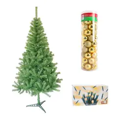 DEAR SANTA - Árbol de Navidad 2.1m 650 Ramas Canadiense + Juego de 100 Luces Blancas Navidad + Set de 50 Esferas 6 cm Doradas en Tubo