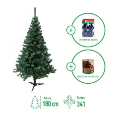 DEAR SANTA - Árbol de Navidad 180cm 341 Ramas Canadiense Verde + Juego de 100 Mini Luces Colores 8 Funciones Navidad + Set de 12 Esferas 6 cm Azul Oscuro Brillantes.