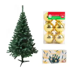 DEAR SANTA - Árbol de Navidad 180cm 341 Ramas Canadiense Verde + Juego de 100 Luces Blancas Navidad + 12 Esferas de Navidad Dorado 6cm