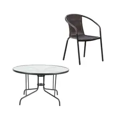 JUST HOME COLLECTION - Juego de comedor mesa redonda de Vidrio 120x70x120  + 6 sillas de ratán negro