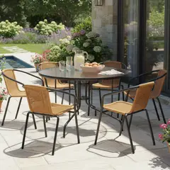 JUST HOME COLLECTION - Mesa Redonda de Vidrio 120x70x120 cm Gris Oscuro + Silla de Ratán Natural Apilable