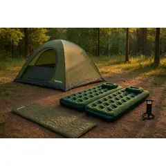 KLIMBER - Carpa Dome 6 Personas Oliva + Combo 2 Colchones Inflables 1 Plaza + 2 Almohadas + Inflador + Bolsa de Dormir Basic Verde