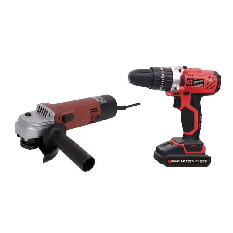 Taladro Percutor 20V + 27 Piezas + 2 Baterías + Amoladora Angular Eléctrica 4-1/2" 500W