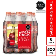 COCA COLA - Gaseosa Coca-Cola Original 500 Ml Sixpack