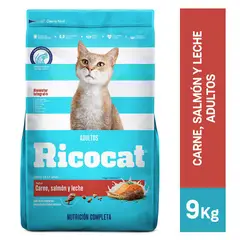 RICOCAT - Alimento Seco Gatos Adultos Carne Salmón Leche Bolsa 9 Kg