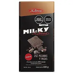 LA IBERICA - Chocolate en Barra Milky con Pecanas y Pasas Empaque 100 g