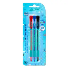 ARTESCO - Lapicero Trimax Semi Gel Antibacterial Rojo Azul Negro Empaque 3 Und